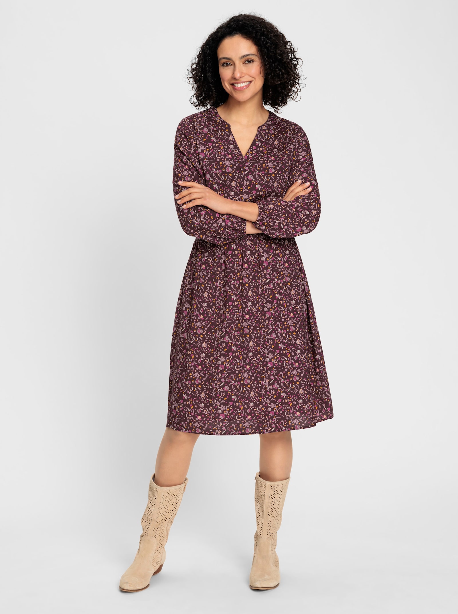 Webkleid mit Smok-Einsatz - burgund-mauve-bedruckt