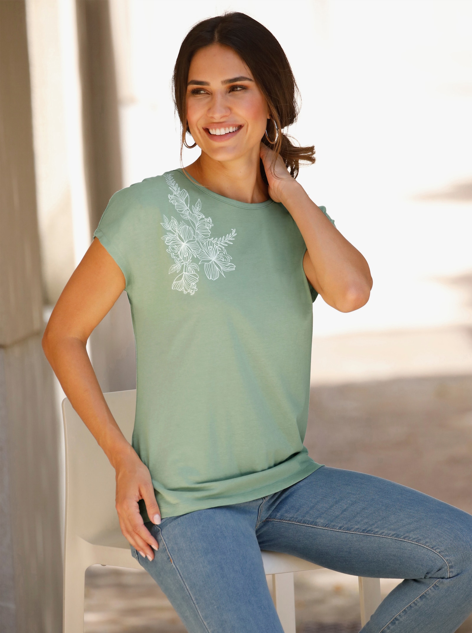 Shirt met ronde hals en delicate bloemenprint - eucalyptus/ecru