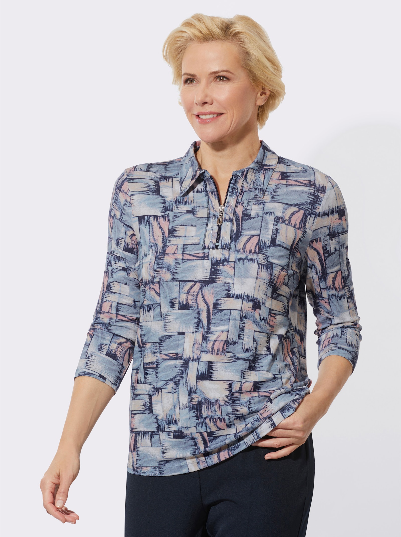 Poloshirt met glittersteentjes op de kraag - hortensia/duivenblauw bedrukt