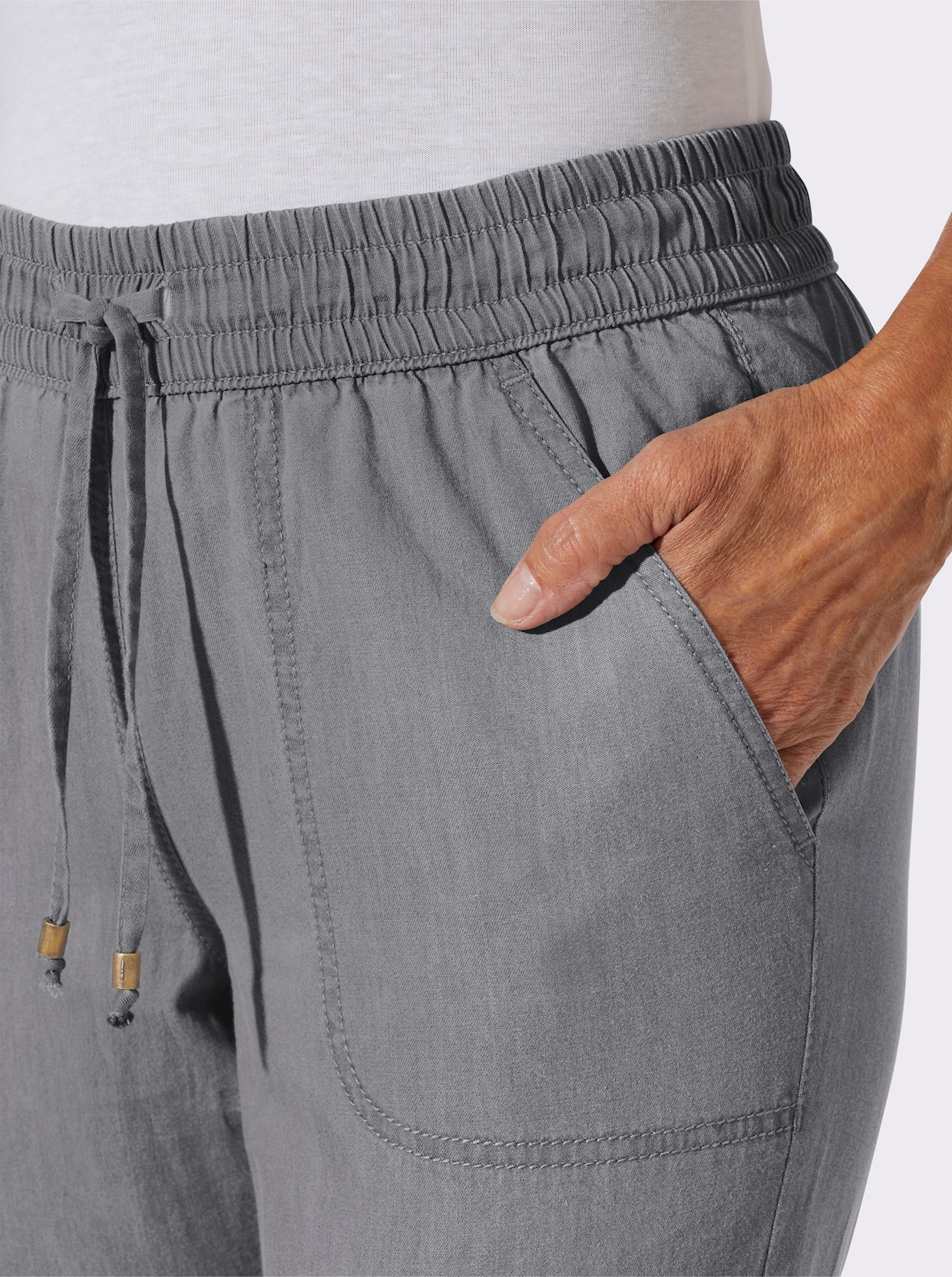 Schlupfjeans mit gesmoktem Bund - grey-denim