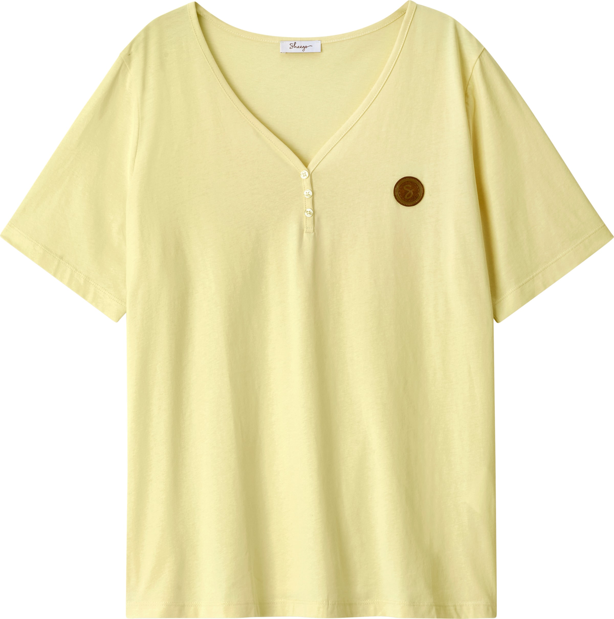 Sheego Damen Gelb V-Shirt "Kurzarm-Shirt", Gr. 44/46, (Zitrone), 100% Baumwolle, Unifarben, V-Ausschnitt, Shirts - Bild 5