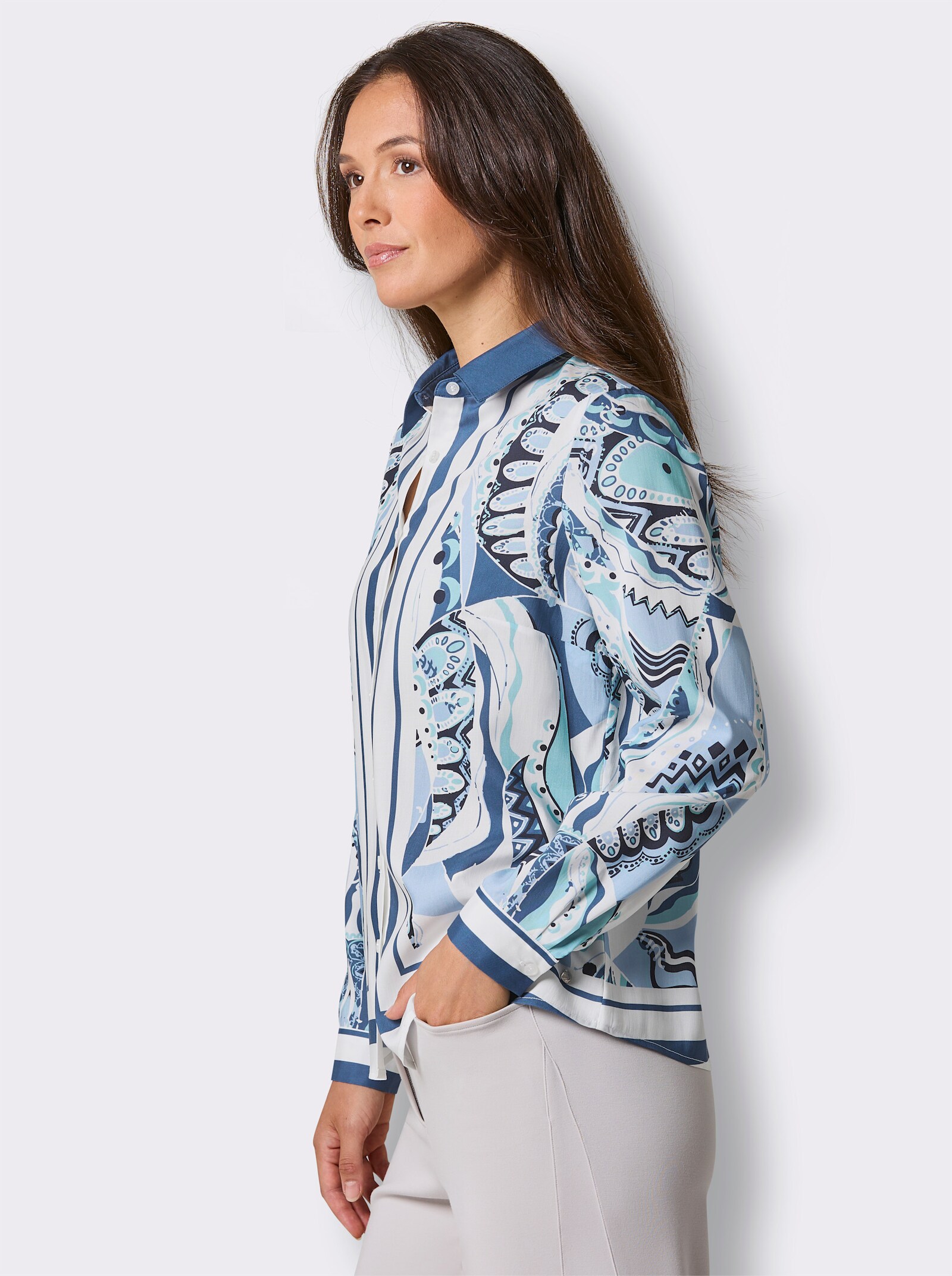 CREATION L PREMIUM Druckbluse im Tücherdruck - weiß-eisblau-bedruckt