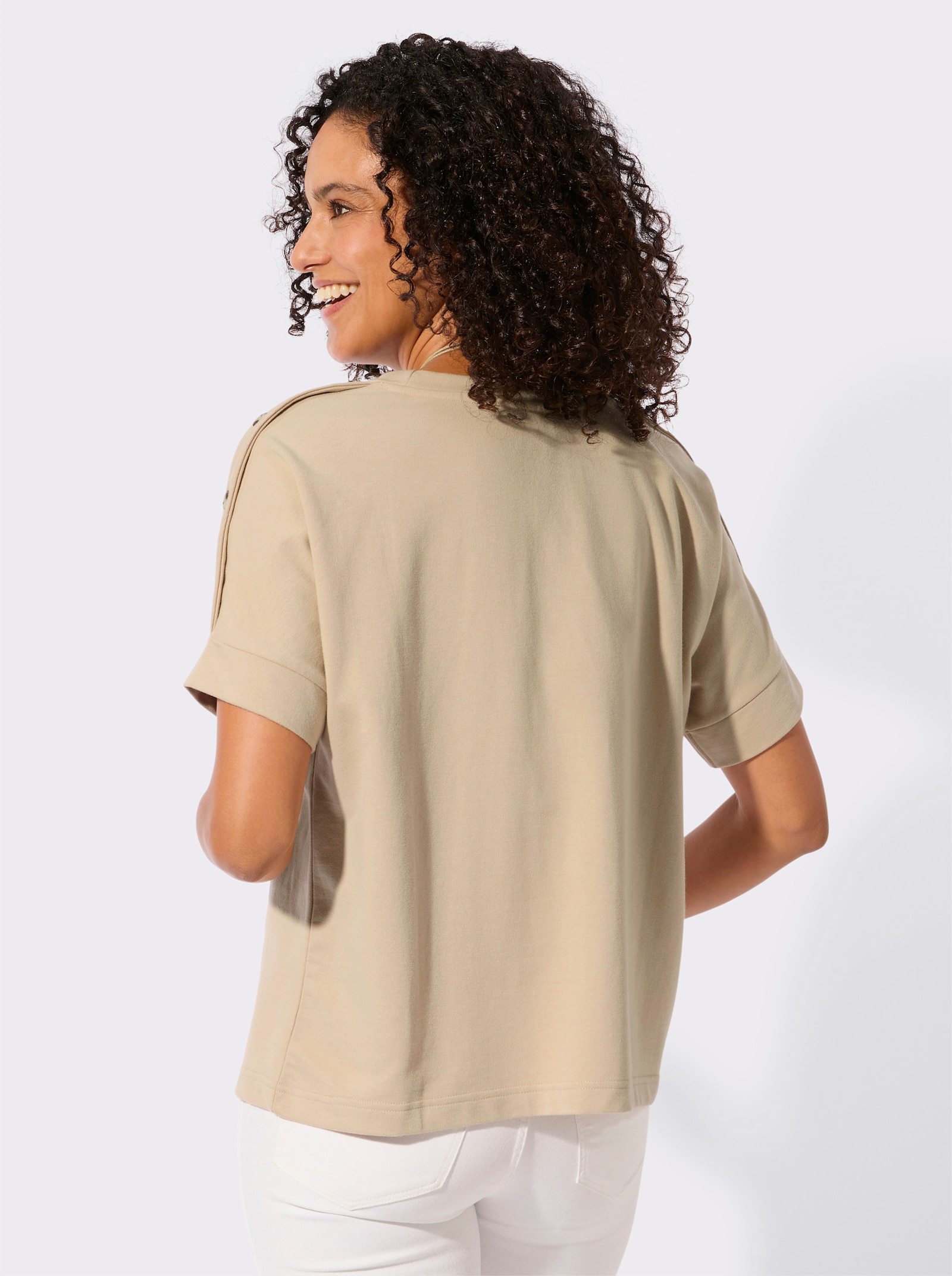 Sweatshirt mit Zierknöpfen an der Schulterpartie - beige