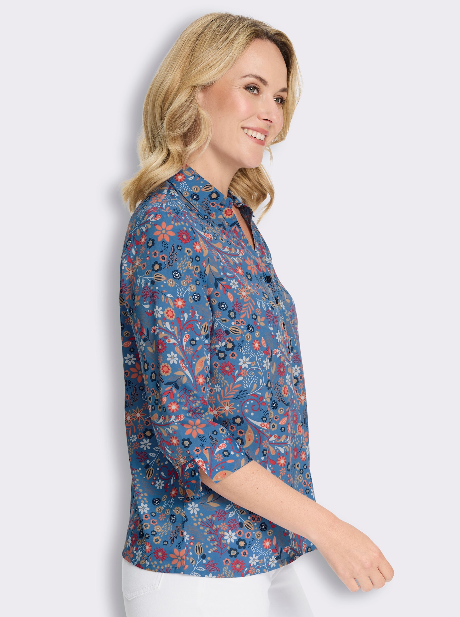 Druckbluse mit Blumen-Muster - dunkelblau-papaya-bedruckt