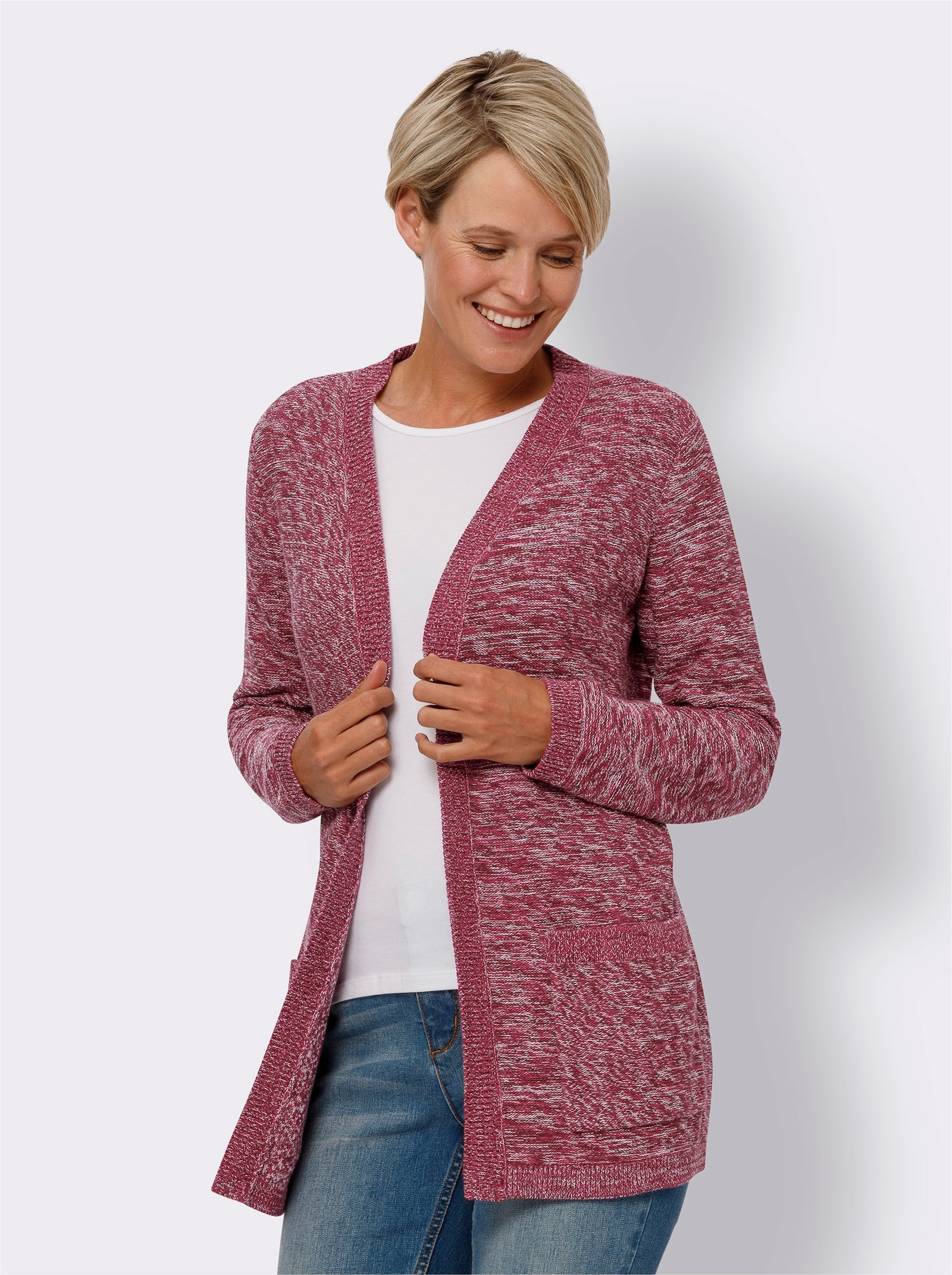 Longstrickjacke in offener Form - bordeaux-ecru-meliert