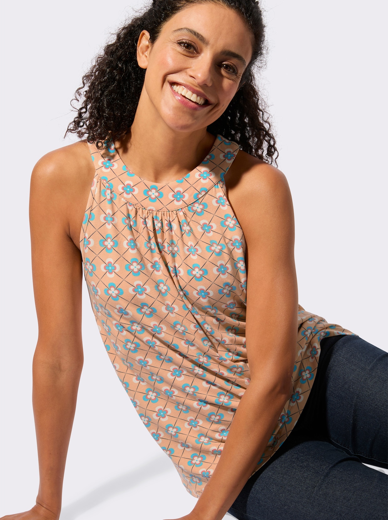 Shirttop - apricot-aquamarin-bedruckt