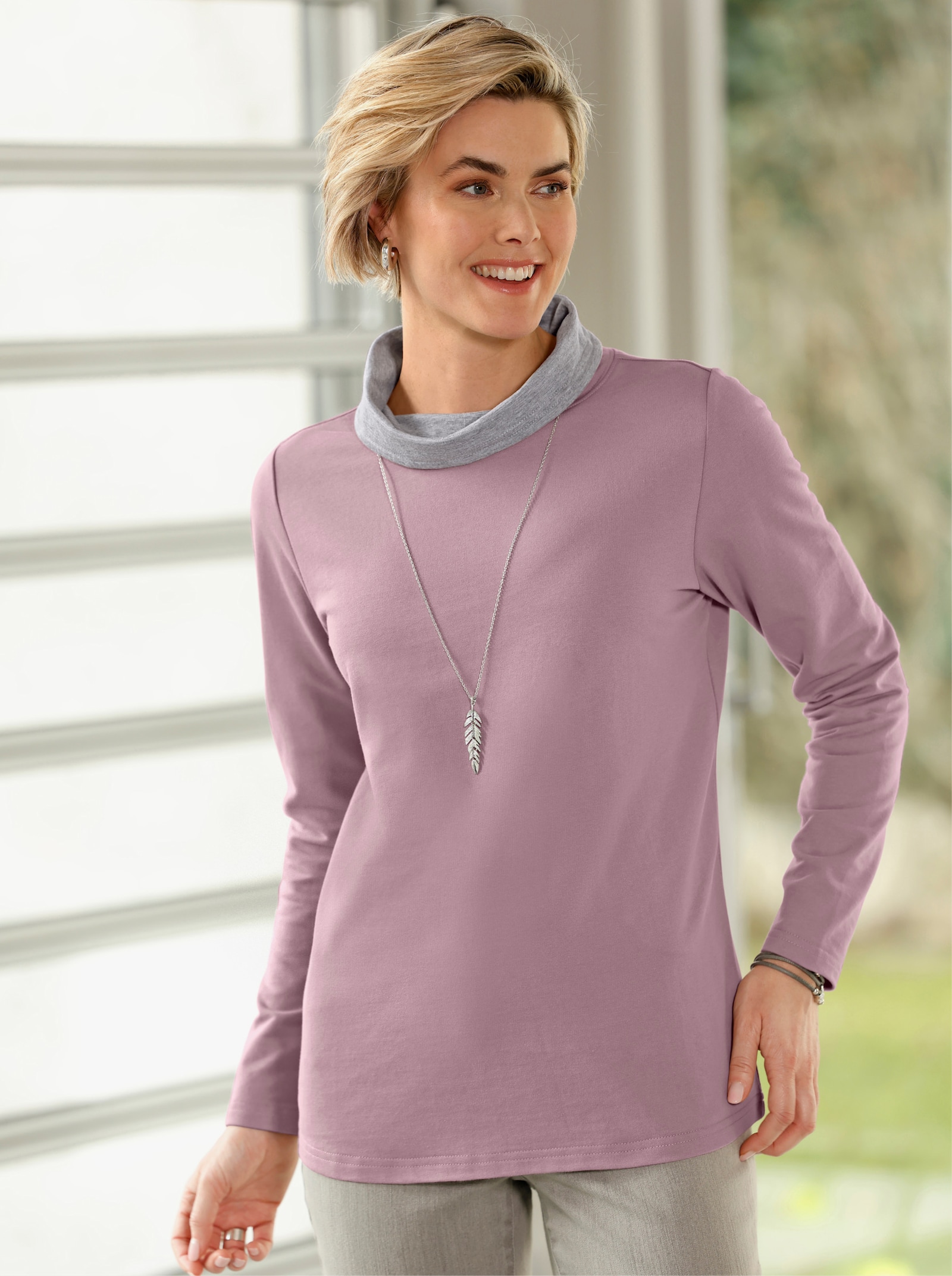 Sweatshirt mit kontrastfarbigem Kragen - mauve