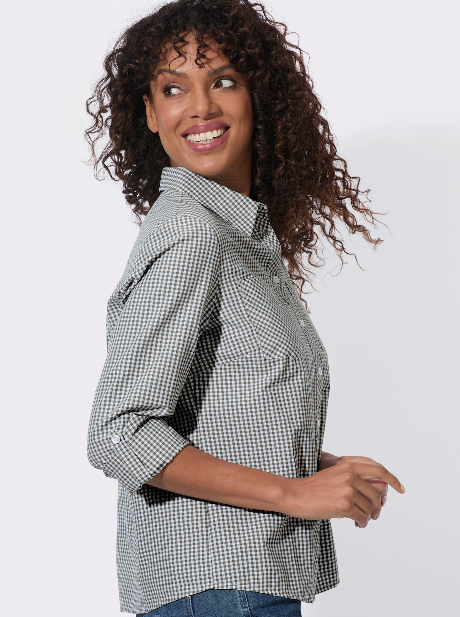  Karobluse mit Brusttaschen - khaki-weiß-kariert