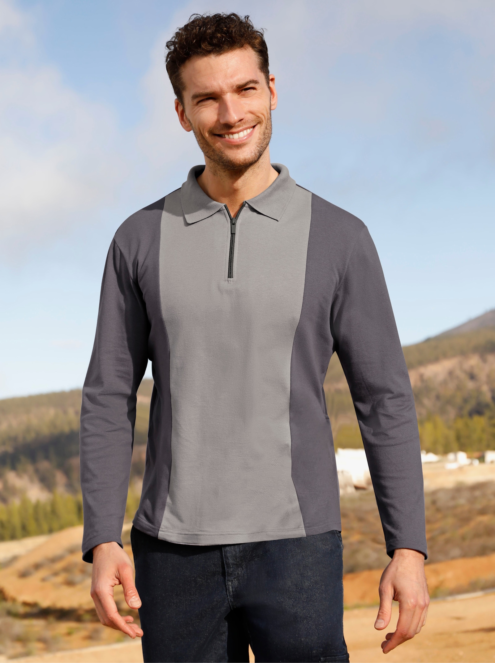 Catamaran Langarmshirt in Pikee-Qualität - steingrau-anthrazit