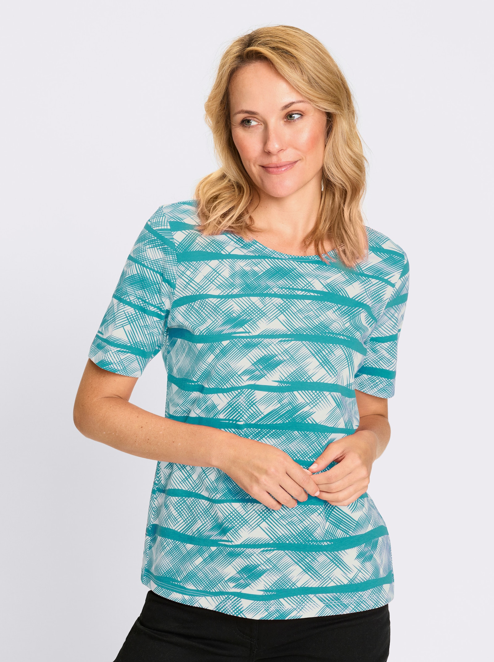 Kurzarmshirt aus reiner Baumwolle - ozean-ecru-bedruckt