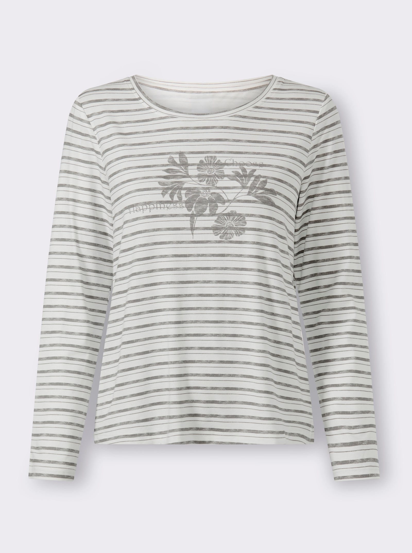 heine Langarmshirt mit Ringel- und Blüten-Print - grau-ecru-geringelt