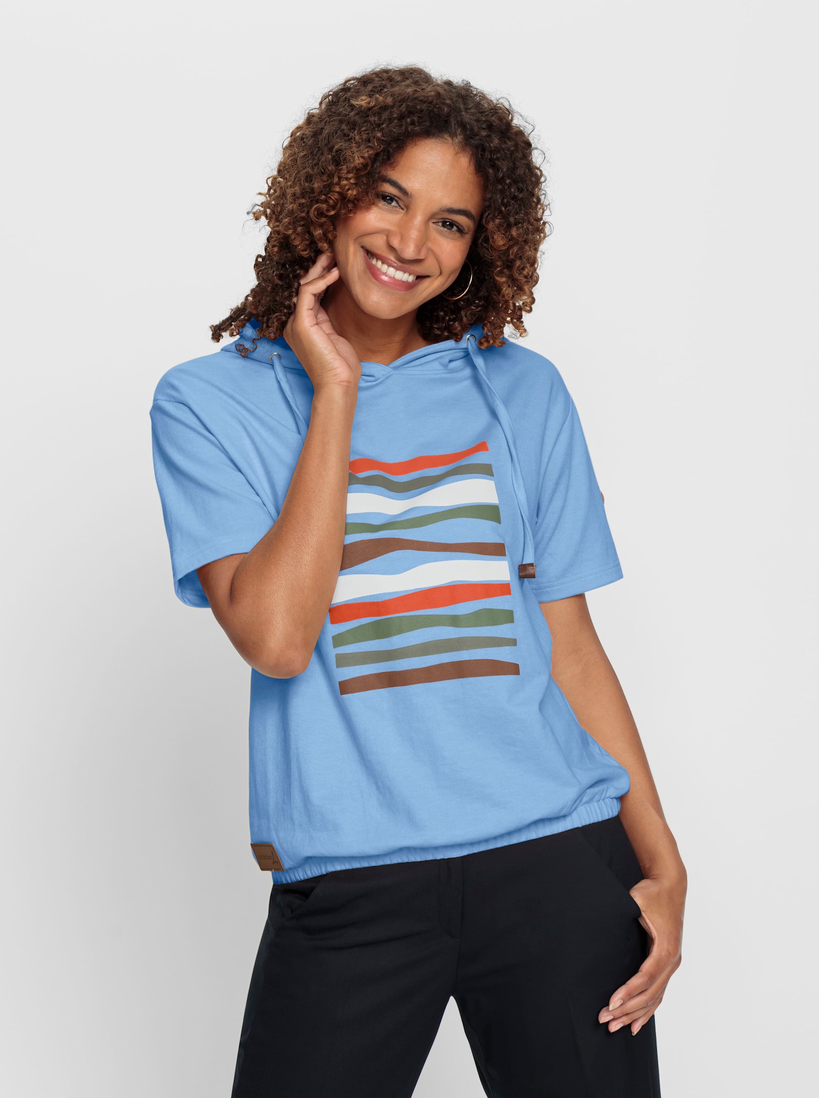 Kapuzensweatshirt mit elastischem Saum - eisblau-ecru-bedruckt