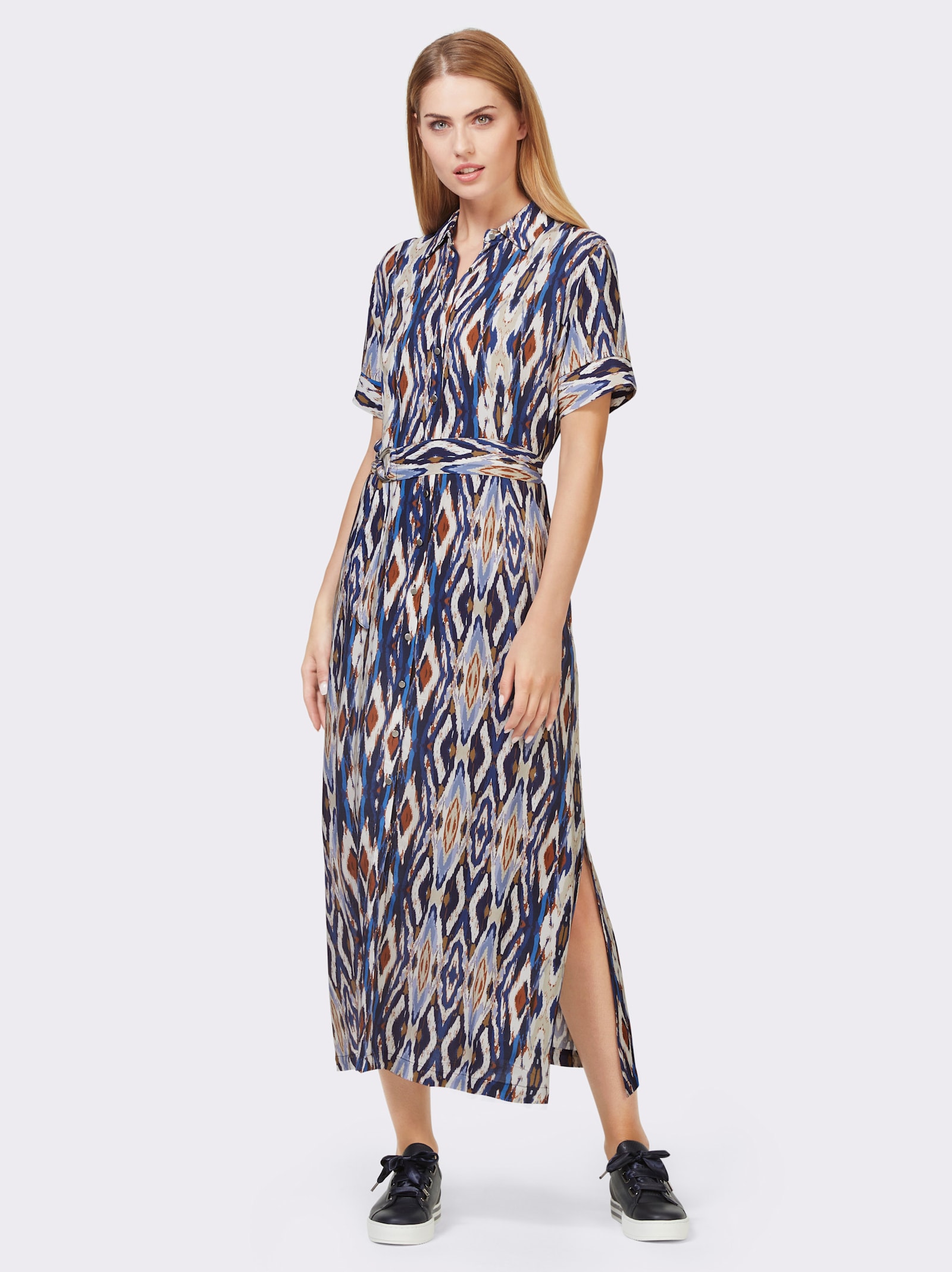 heine Jurk met print en stoffen ceintuur - koningsblauw/cognac bedrukt