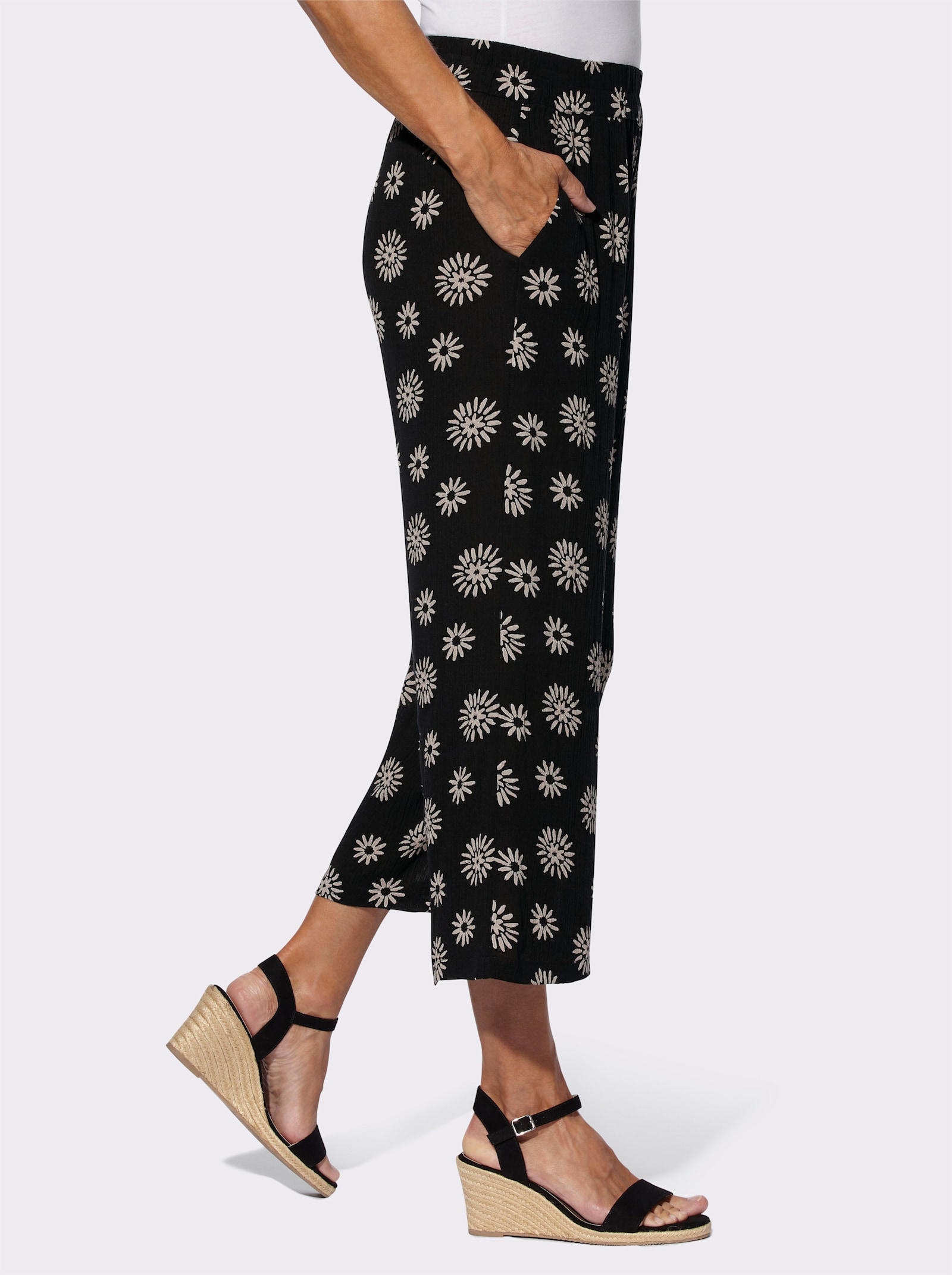 Druckhose mit Dehnbund, rundum - schwarz-sesam-bedruckt