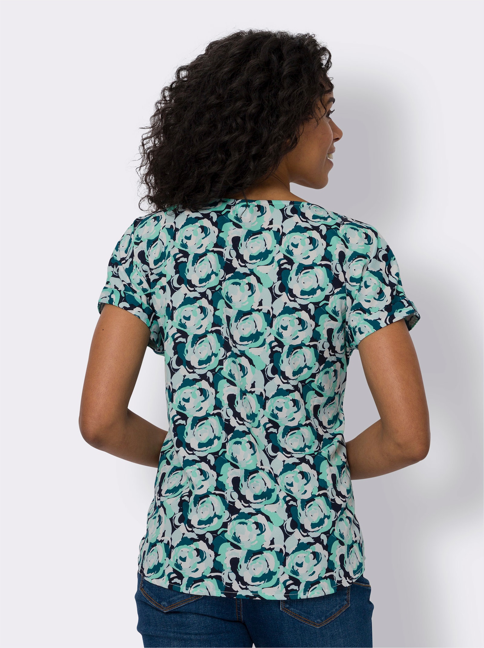 Schlupfbluse mit imitiertem Ärmel-Aufschlag - marine-blaugrün-bedruckt