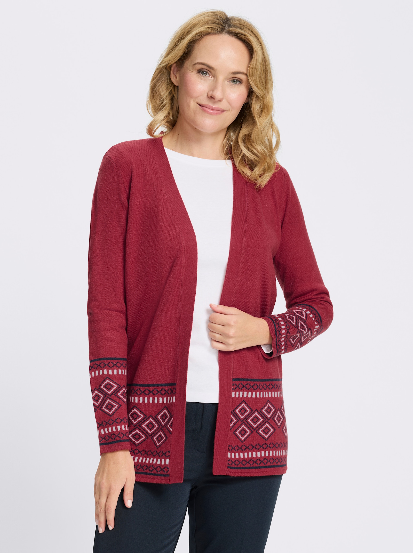 Longstrickjacke mit Bordüren-Muster - kirsche-marine