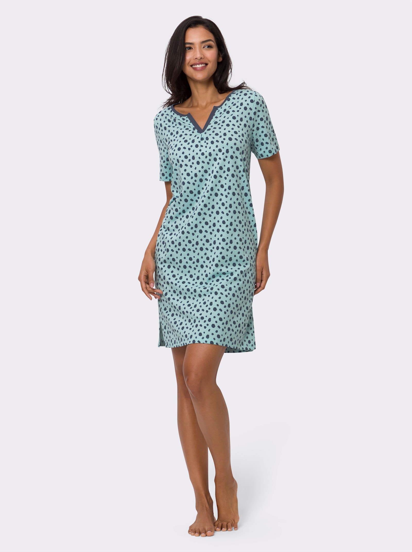 Nachthemd aus Single Jersey - mint-rauchblau-bedruckt