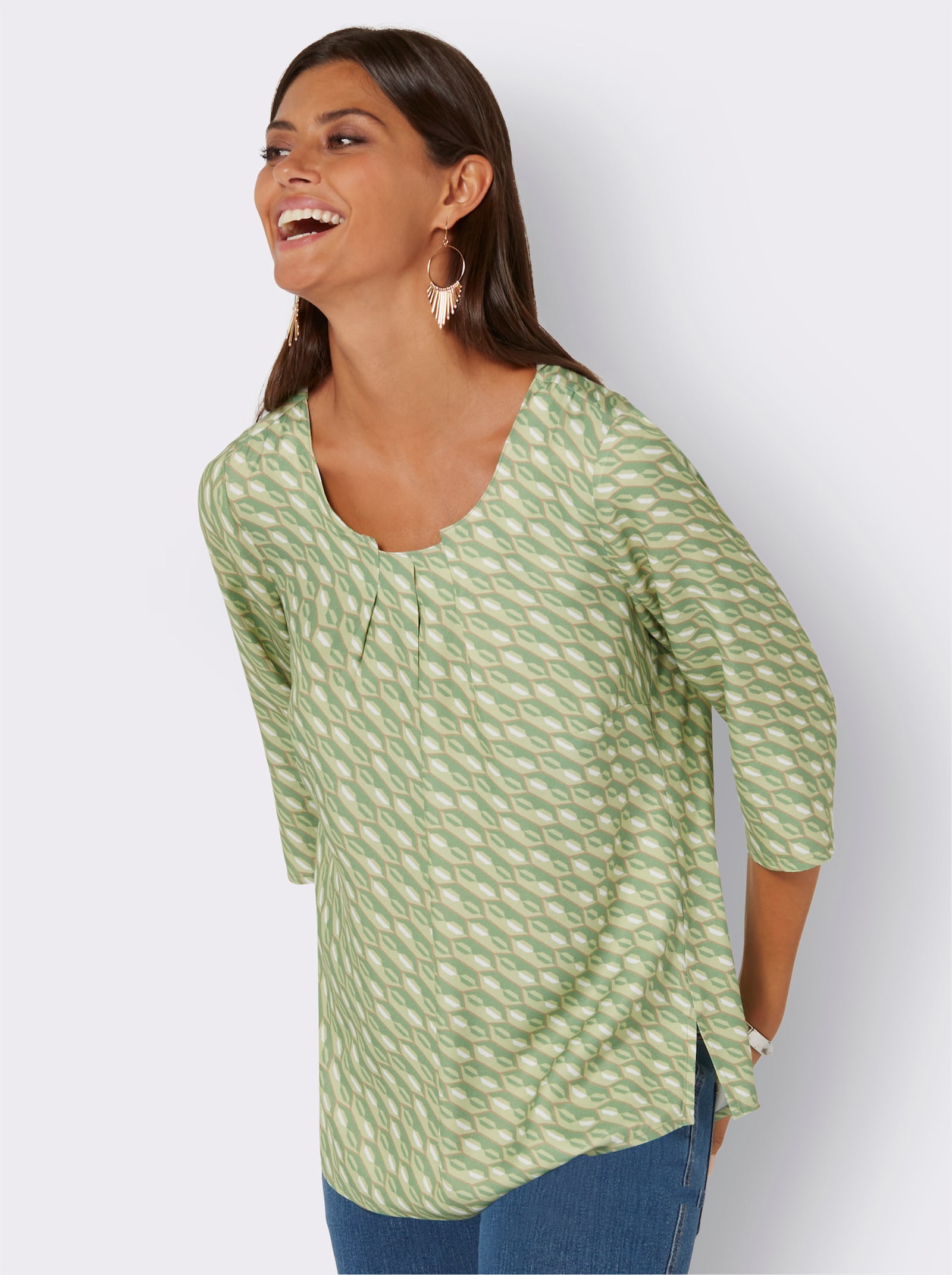 Schlupfbluse mit Seitenschlitzen - weiß-apfel-bedruckt