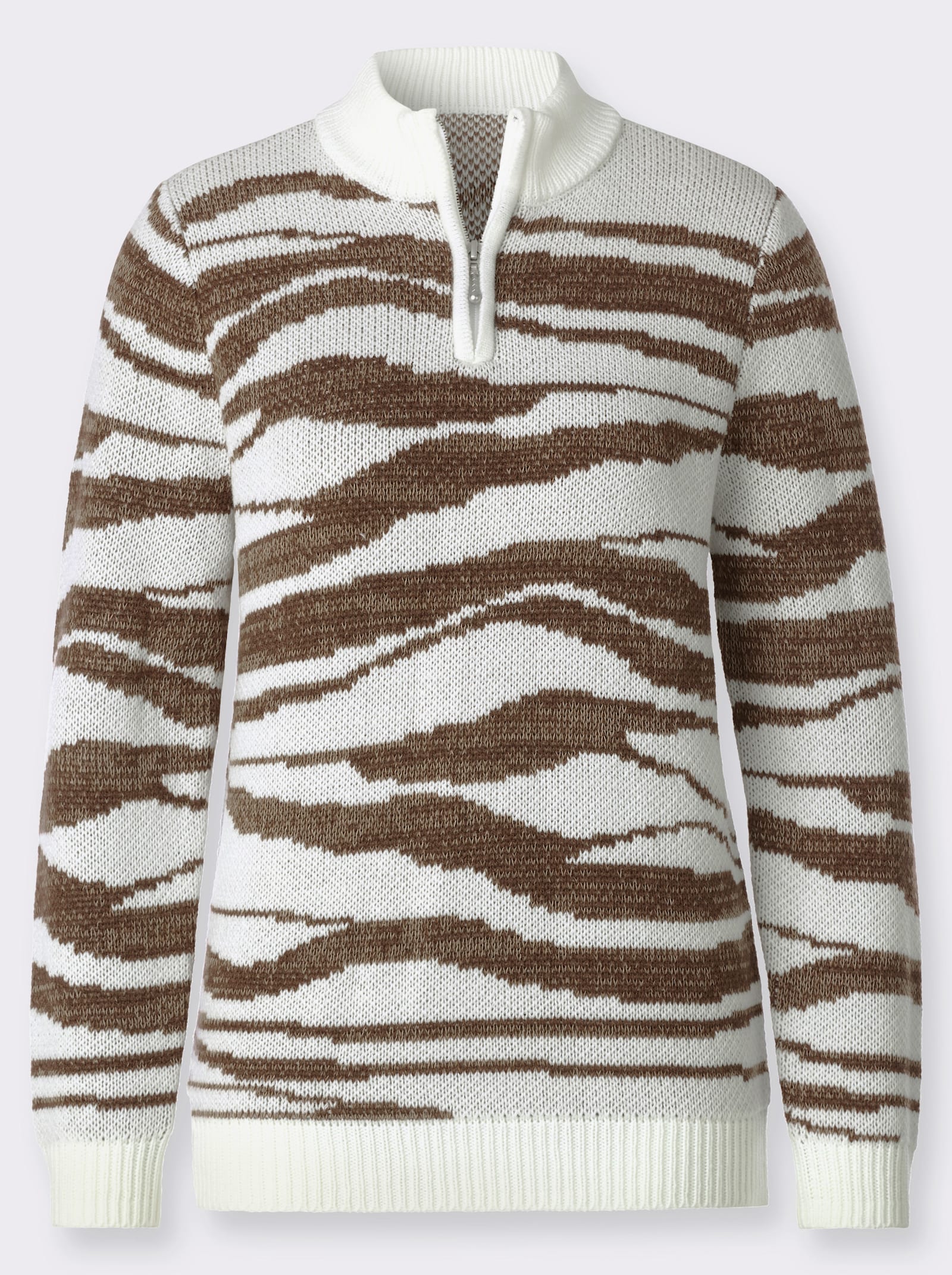 Jacquard-Pullover mit Stehkragen - ecru-braun-gemustert