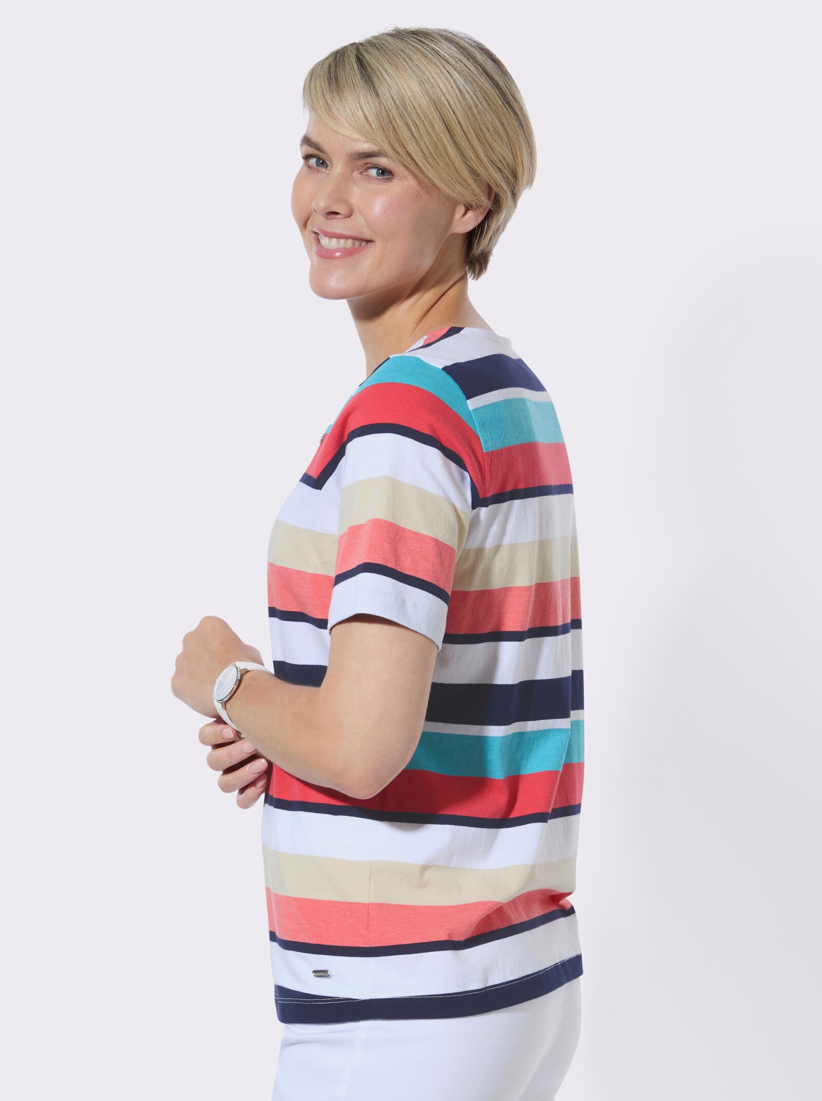 Ringelshirt mit Karree-Ausschnitt - koralle-sand-geringelt