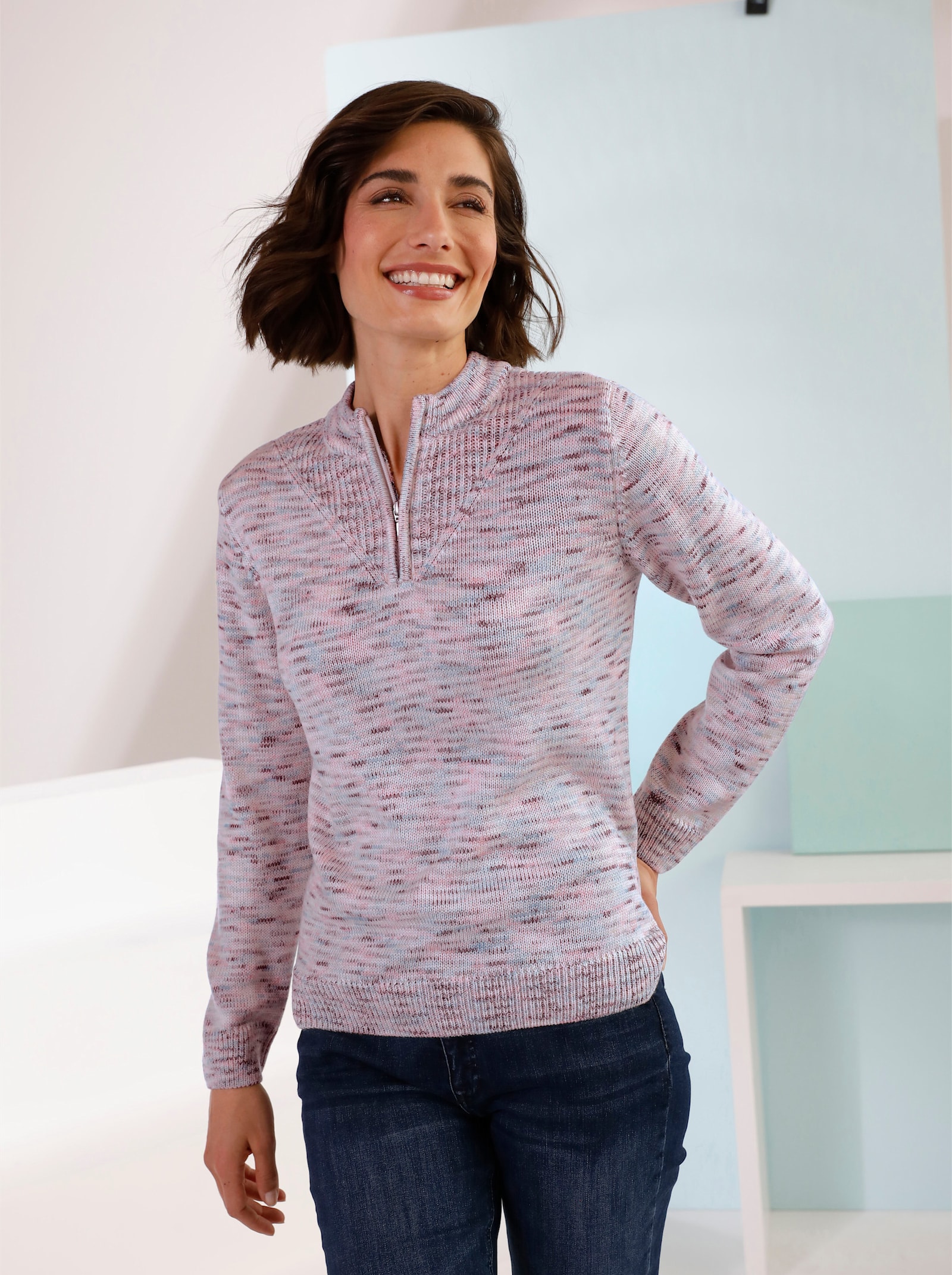 Stehkragenpullover mit Reißverschluss - hellrosé-meliert