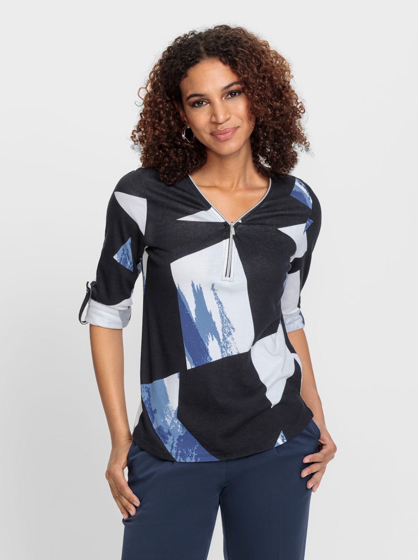 Shirt mit krempelbaren Ärmeln - schwarz-royalblau-gemustert