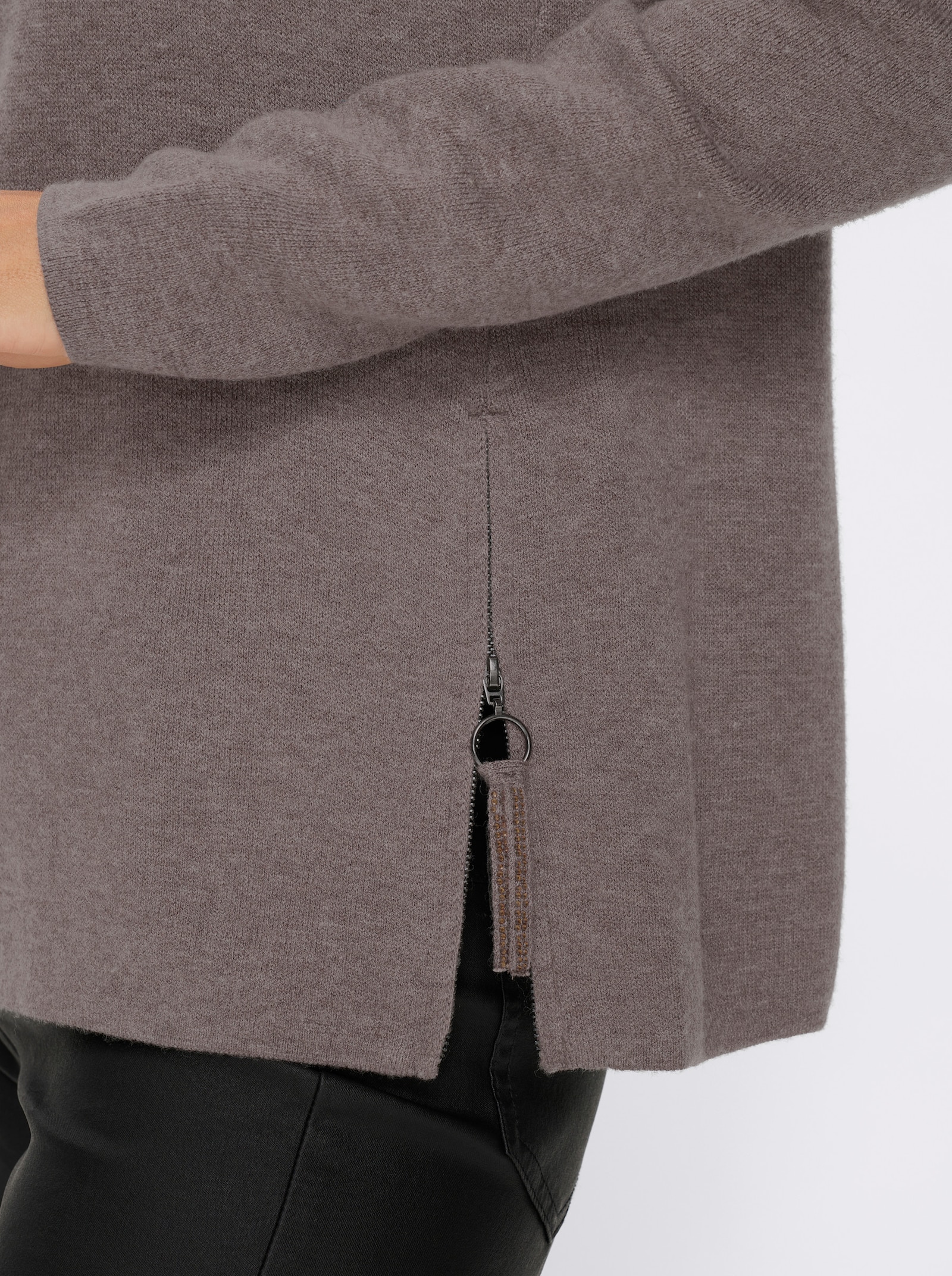 heine Strickpullover mit Zipper am Saum - dunkeltaupe-meliert