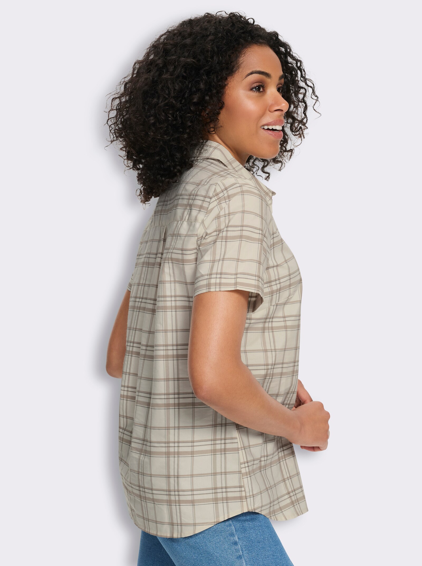 Geruite blouse met afgeronde zoom - champagne/sesam geruit