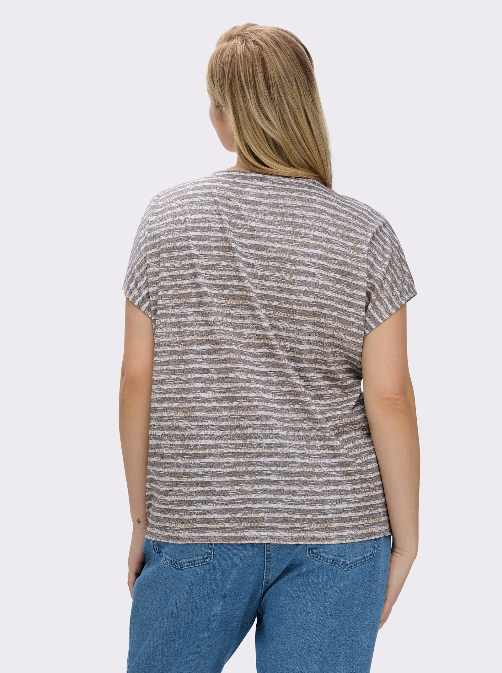 Rundhalsshirt mit weicher Baumwolle - taupe-ecru-geringelt