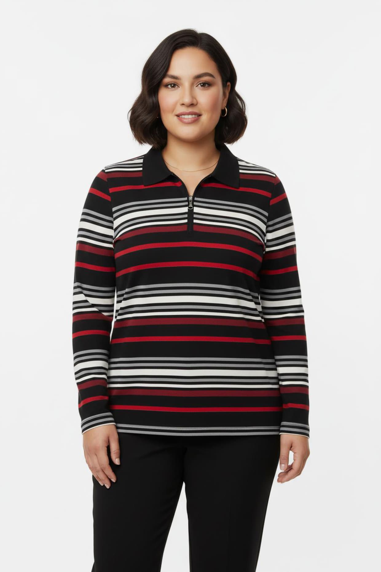 Poloshirt mit kurzem Zipper - rot-schwarz-geringelt