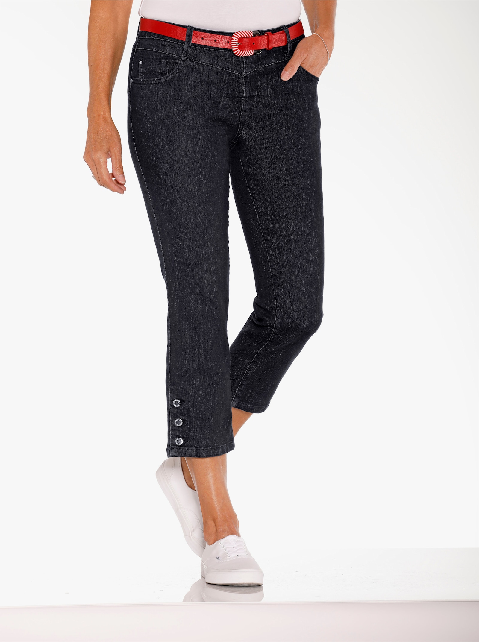 7/8-Jeans mit Zierknöpfen am Beinabschluss - black-denim