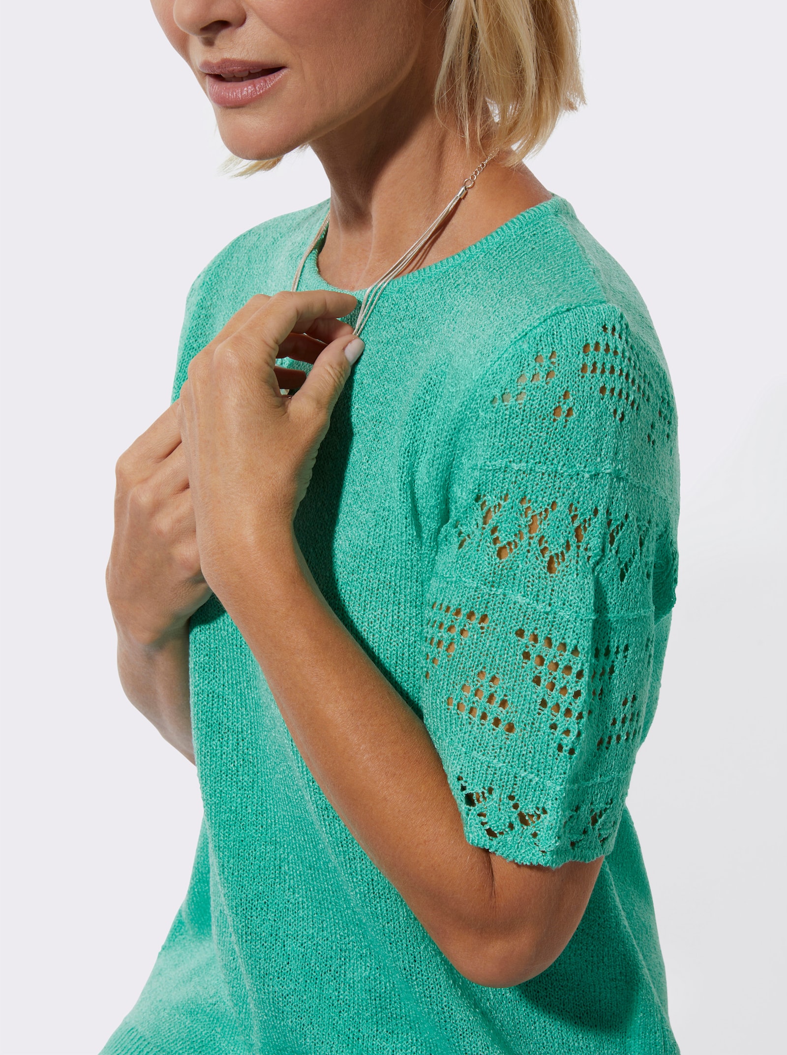 Bouclé-Pullover im Ajourdessin - blaugrün