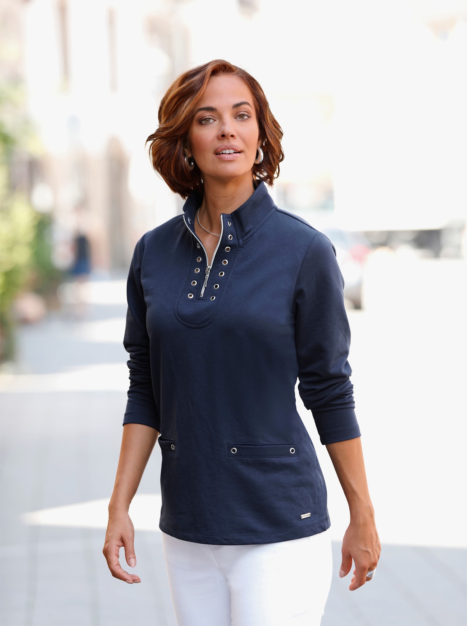 Langarmshirt mit kurzem Reißverschluss - nachtblau