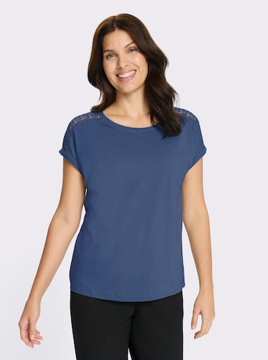 Rundhalsshirt mit Spitze an der Schulter - jeansblau