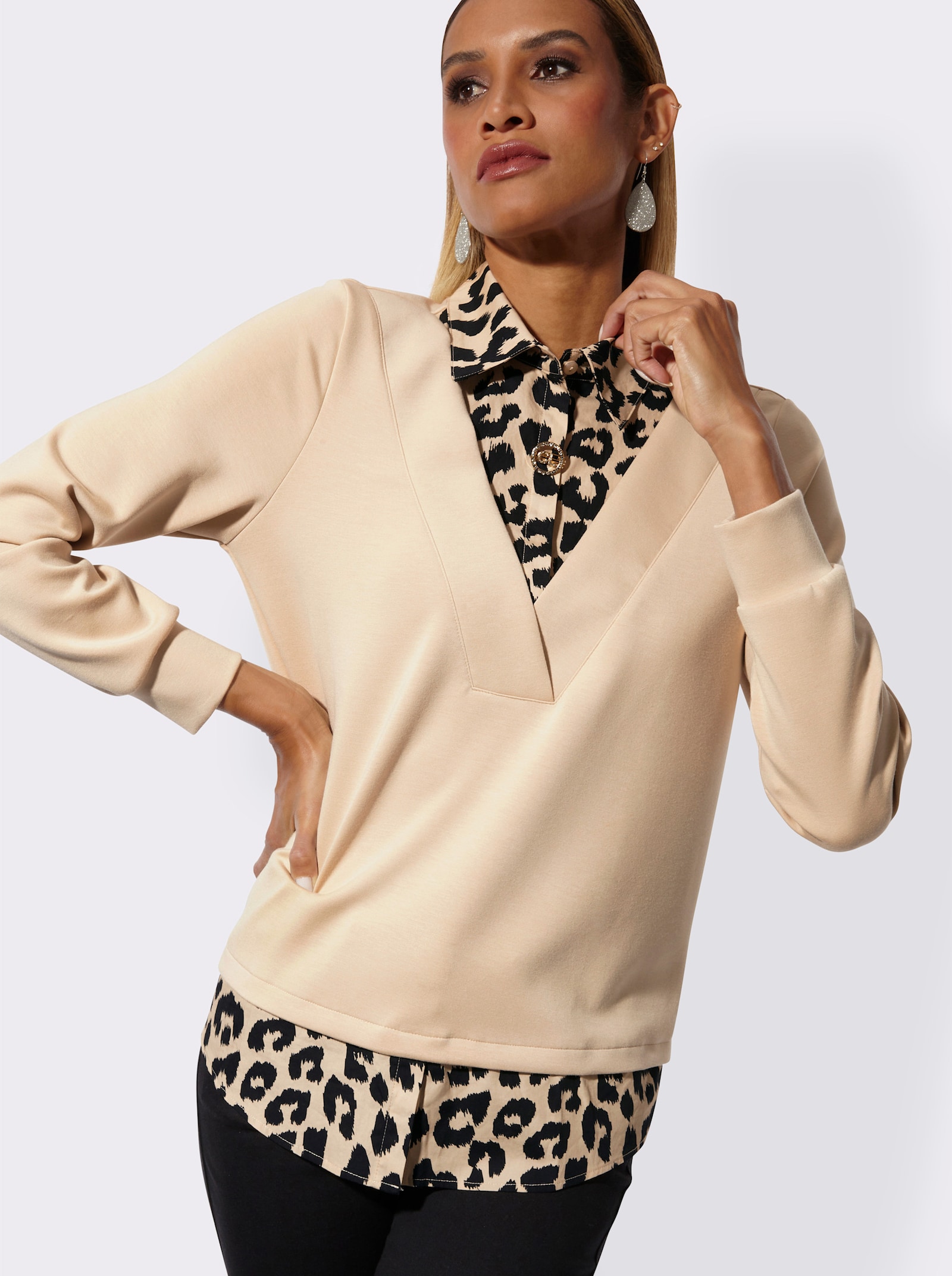 Sweatshirt mit Leo-Einsatz - sand-schwarz