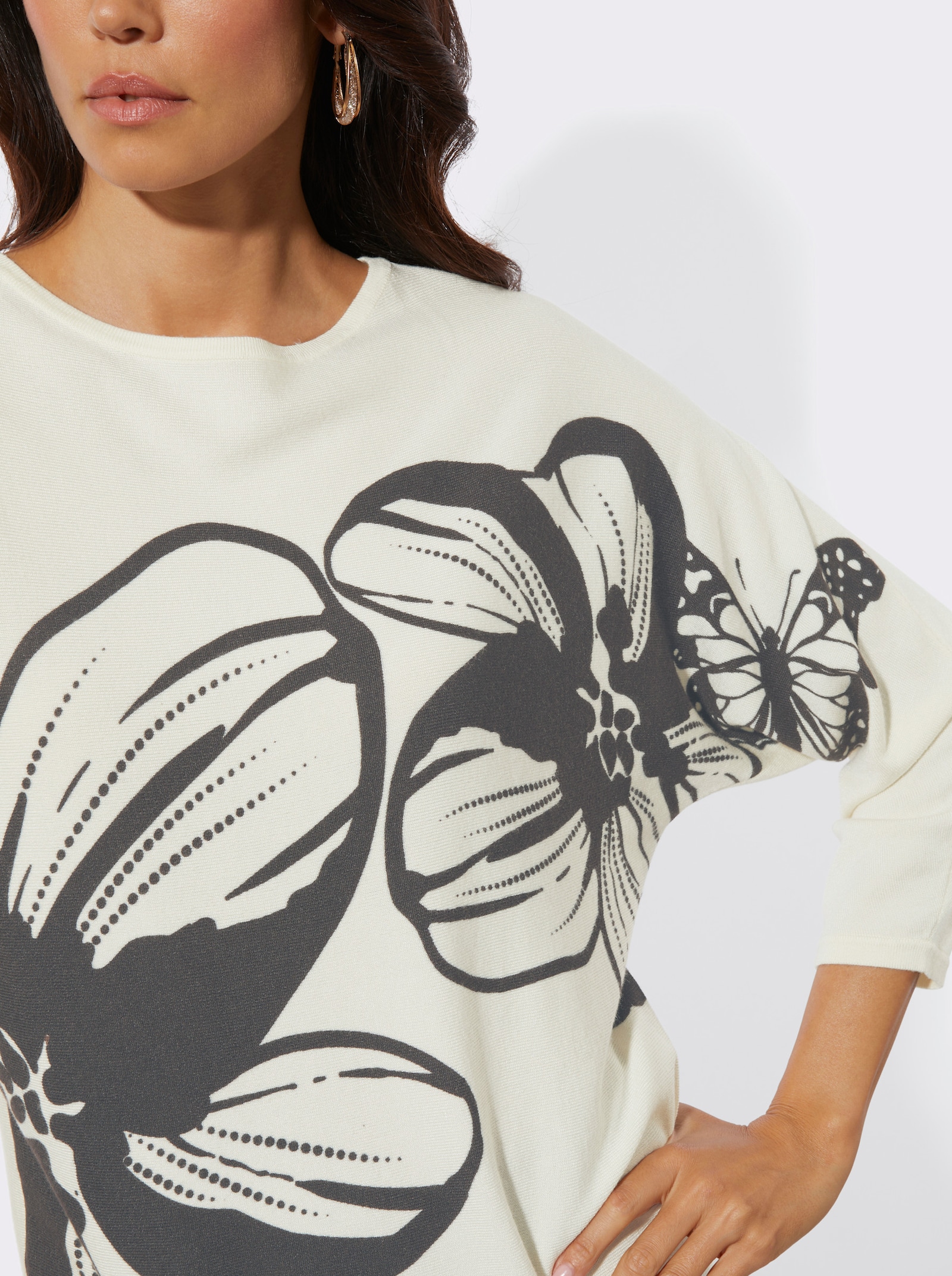 Feinstrickpullover mit Blütenmotiv - champagner-graphit-bedruckt