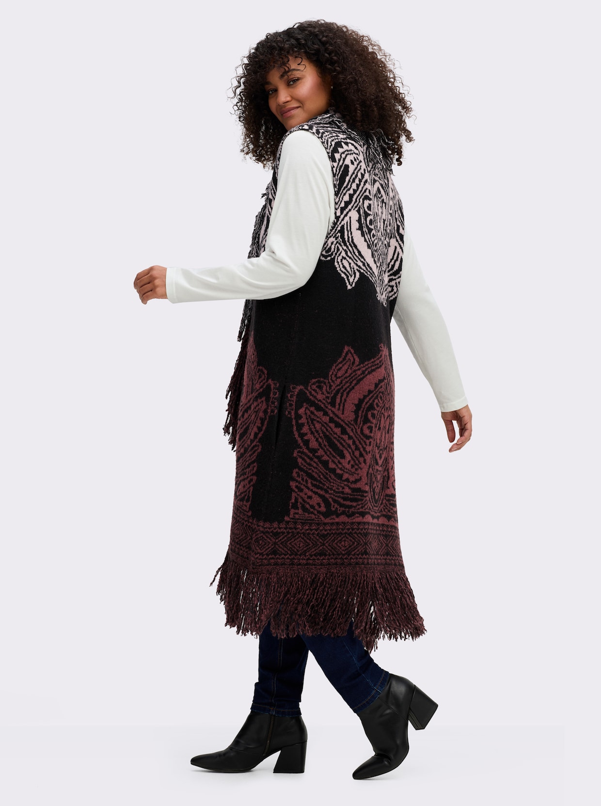 sheego by Joe Browns Fransenweste - schwarz-rotbraun-gemustert