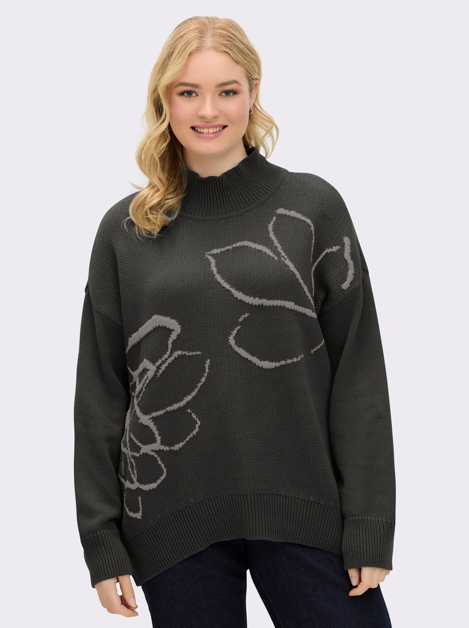 sheego Pullover met glinsterend intarsiapatroon - grafiet/grijs gedessineerd