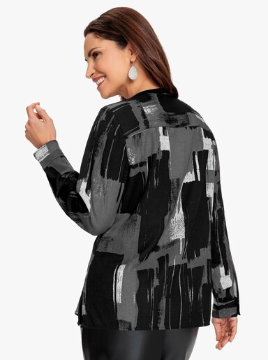 Druckbluse mit Krempelärmeln - schwarz-weiß-bedruckt