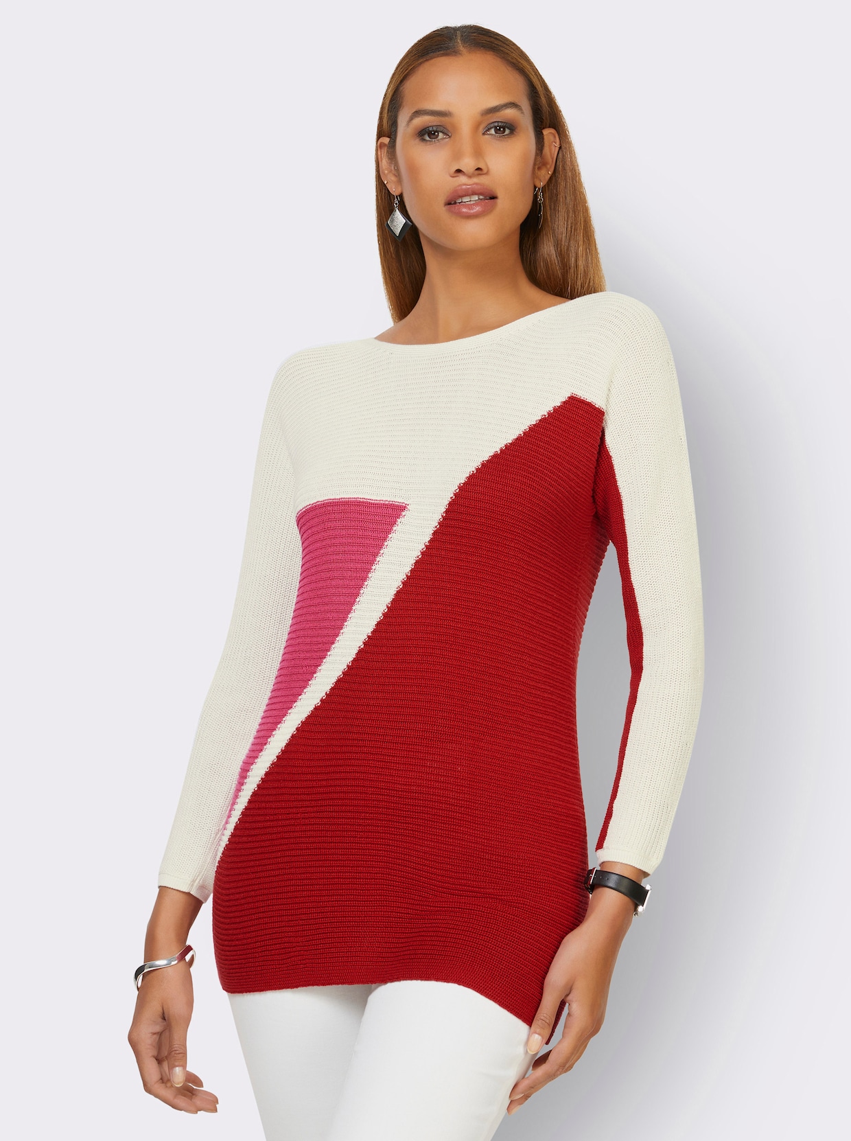 Pullover - rood/ecru gedessineerd