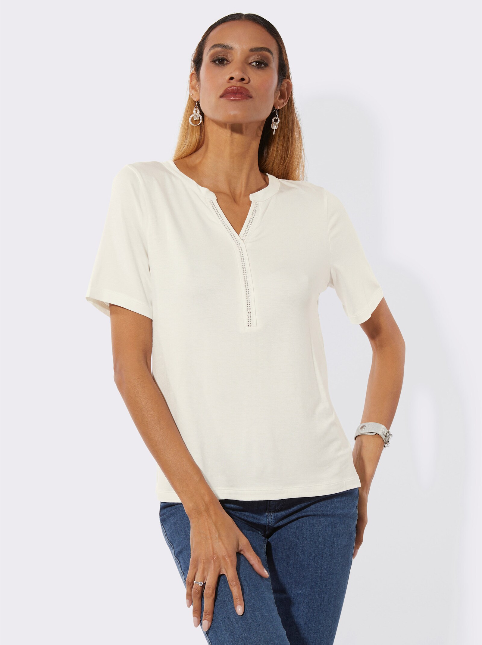 Kurzarmshirt mit Seitenschlitzen - ecru