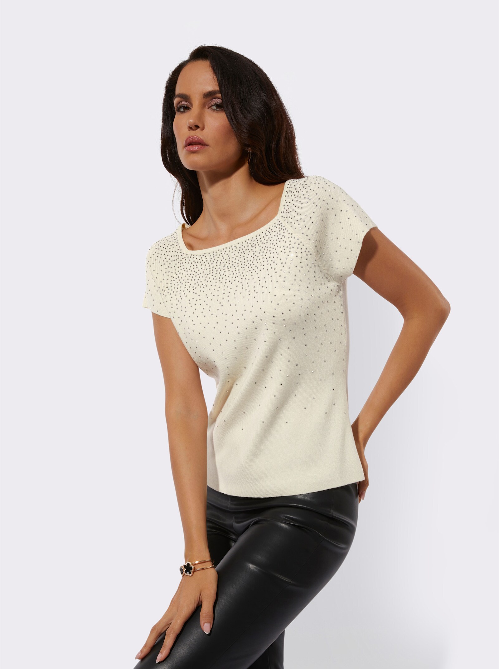 Kurzarmpullover mit Schmucksteinchen - champagner