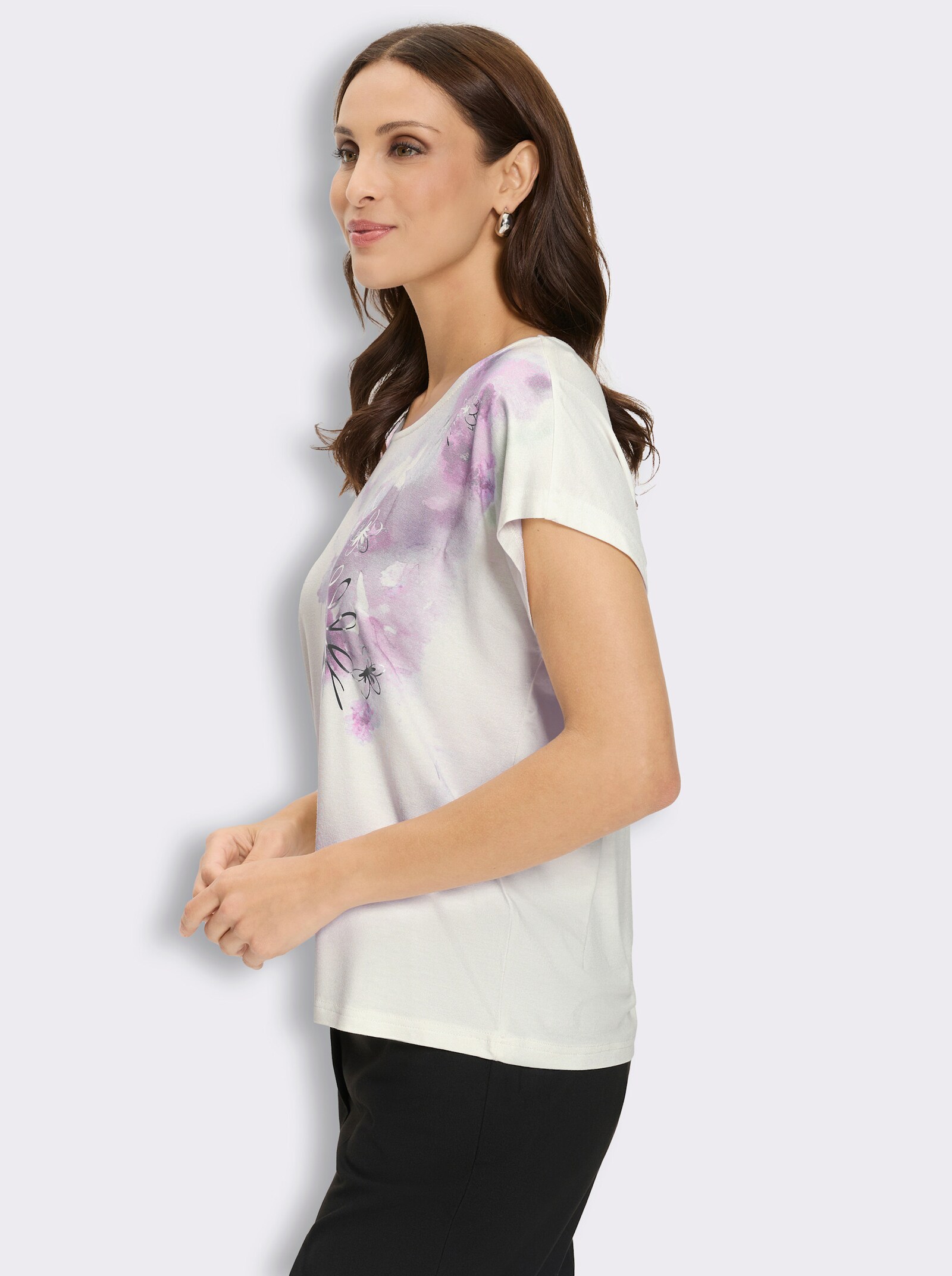 Kurzarmshirt mit siberfarbenem Folienprint - ecru-malve-bedruckt