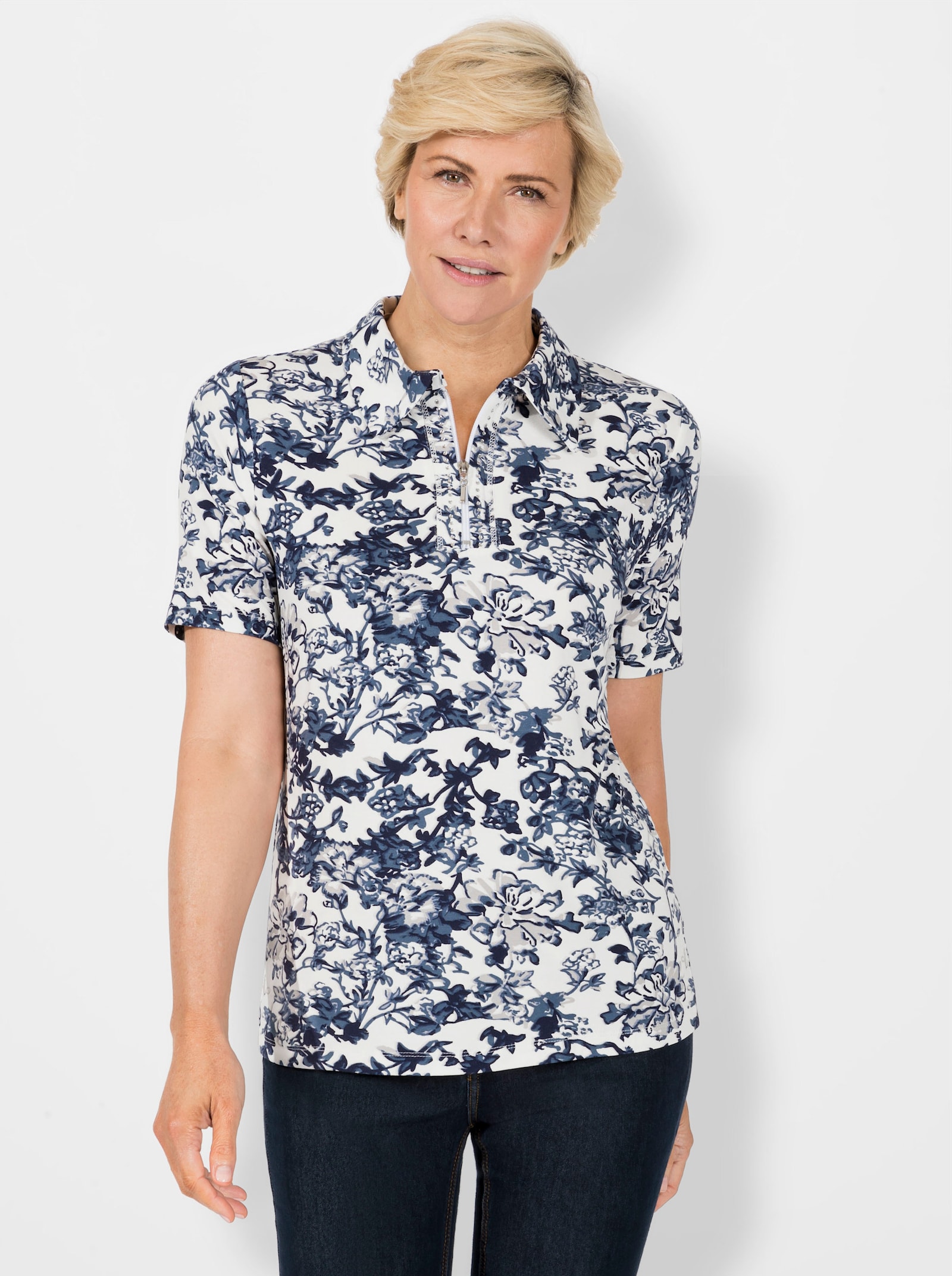 Kurzarmshirt mit kurzem Reissverschluss - taubenblau-weiss-bedruckt