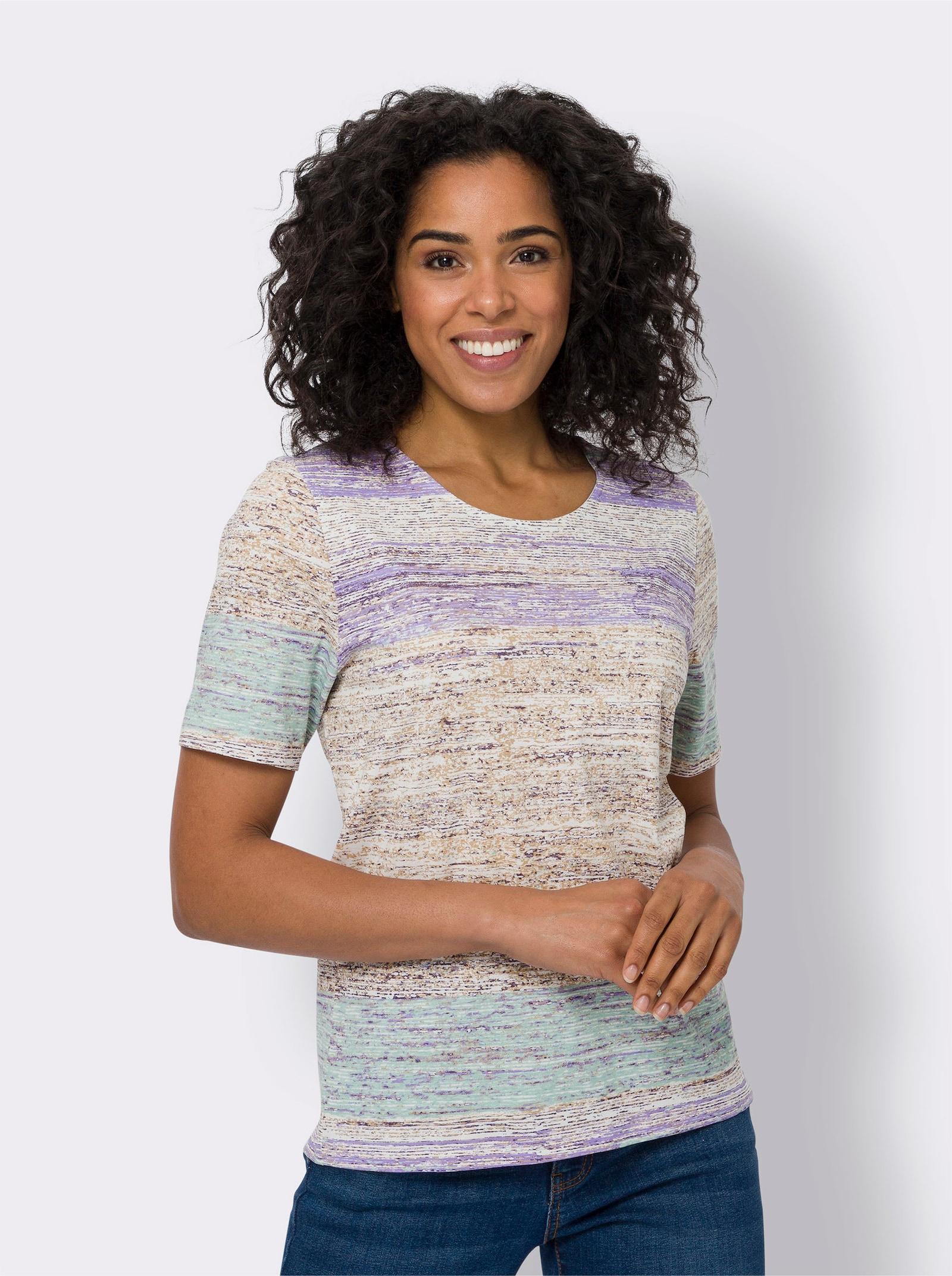 Kurzarmshirt in Melange-Optik - ecru-kalkmint-bedruckt