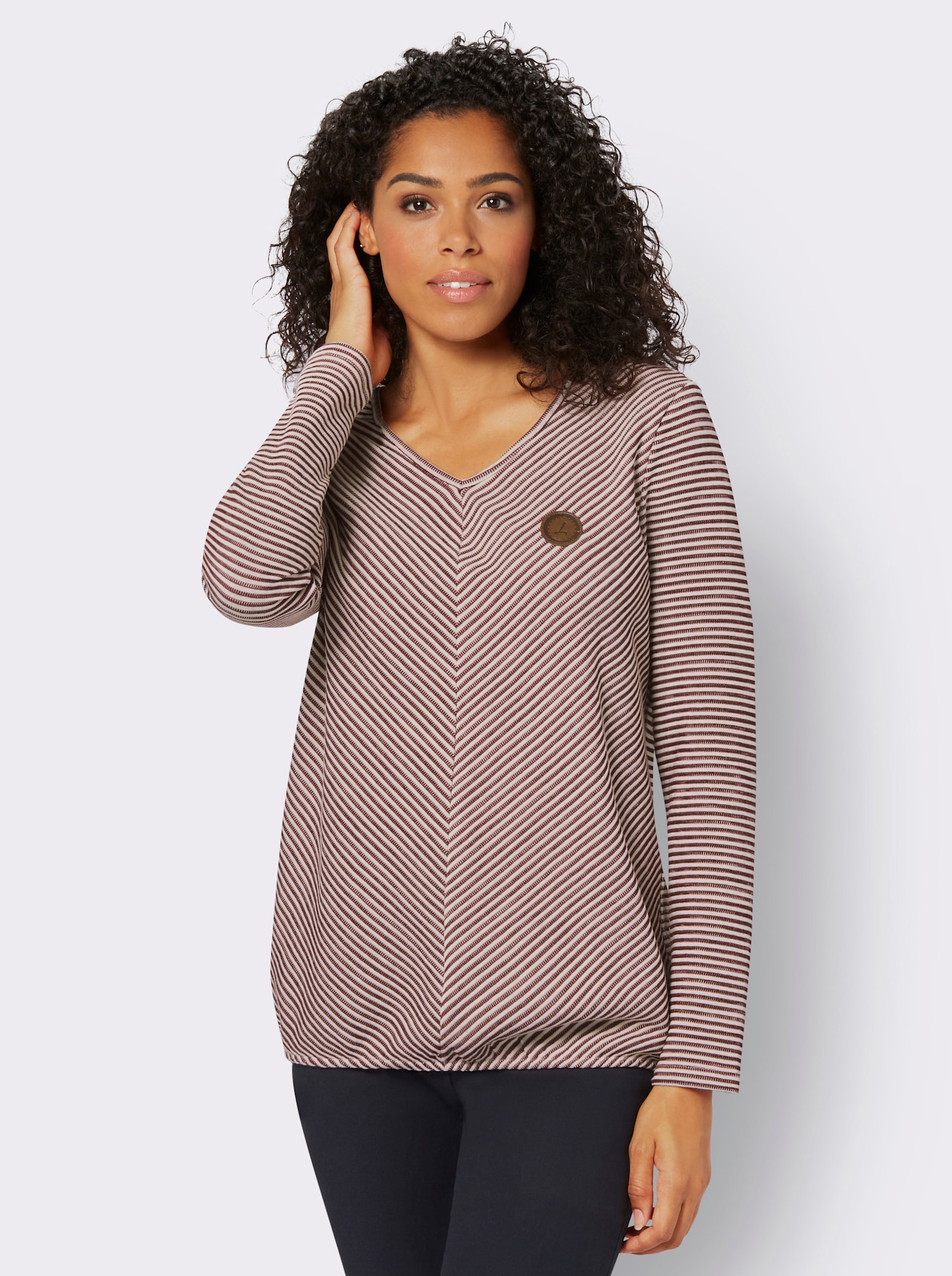 Langarmshirt mit elastischem Saum - dunkelrot-ecru-gemustert