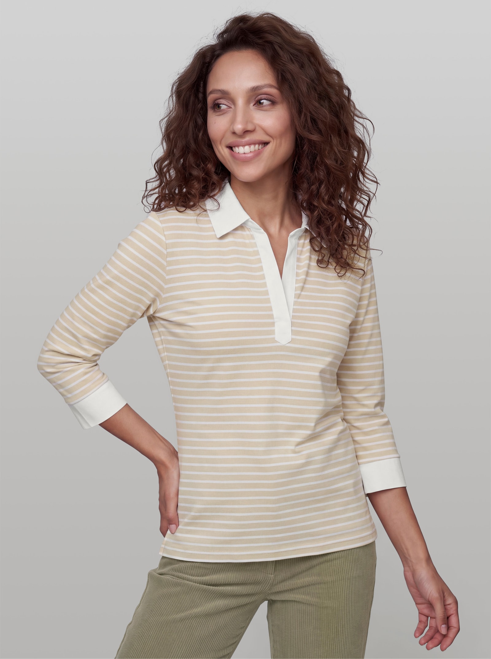 heine Poloshirt in 2-in-1-Optik - sand-weiß-geringelt