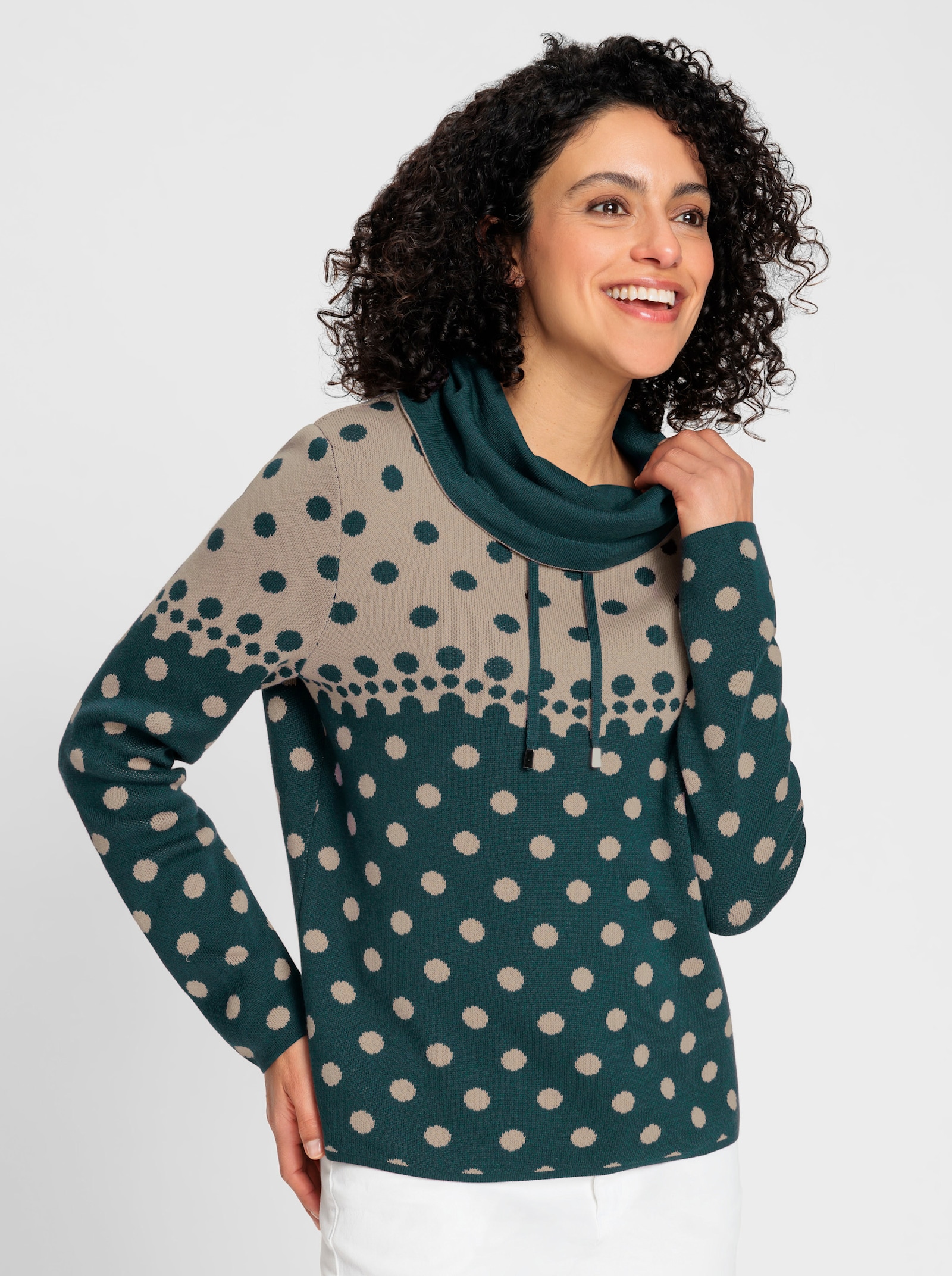 Jacquard-Pullover im Tupfenmuster - petrol-beige-meliert