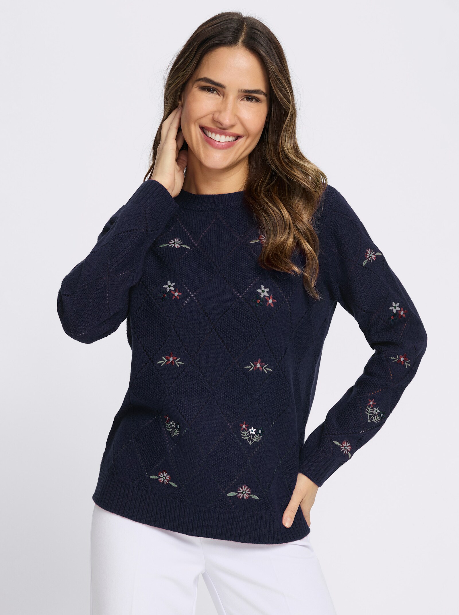 Ajourpullover mit floraler Stickerei - marine