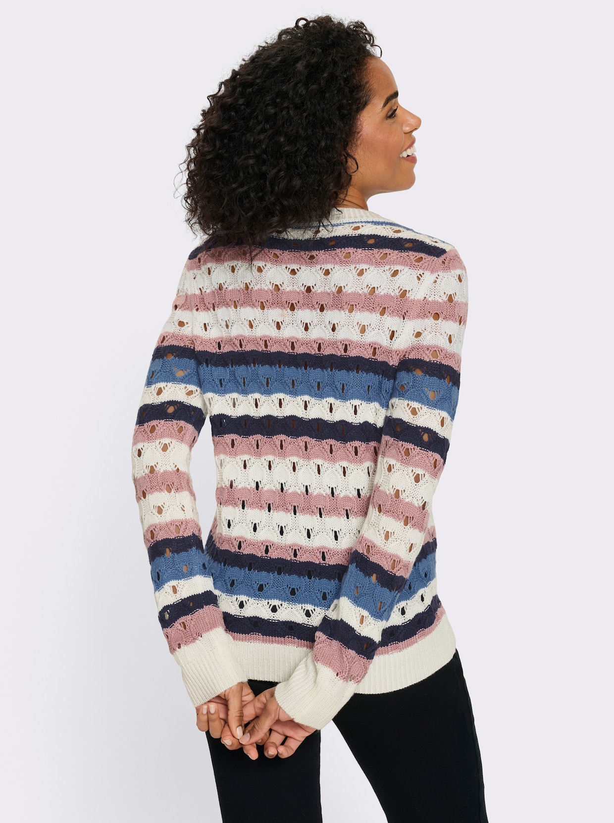 Ajourpullover mit Streifen-Muster - ecru-hortensie-gemustert